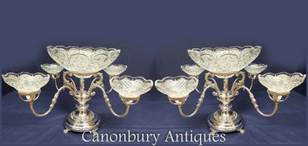 Pair Silver Plate Epergnes Centerpiece Glass Dish