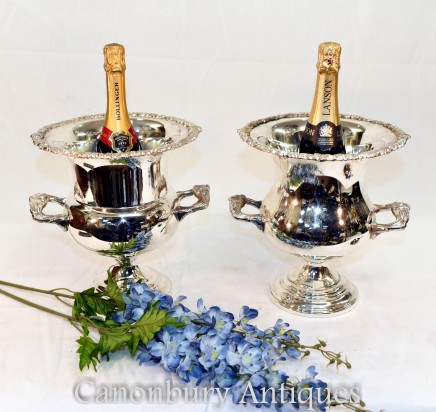 Pair Silver Plate Urns - Edwardian Champagne Wine Coolers