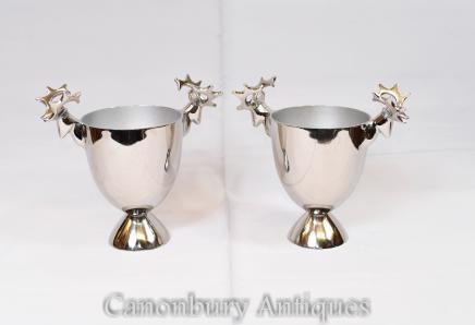 Pair Silver Plate Wine Cooler Champagne Buckets Stags