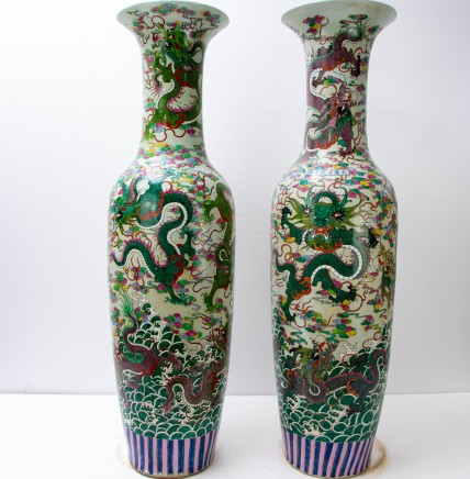 Pair Tall Canton Porcelain Dragon Vases - Chinese China Urns