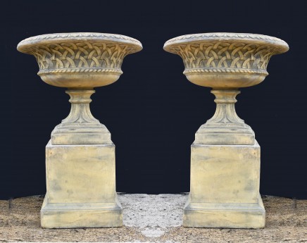 Pair Terracotta Garden Urns Pedestal - Classical Celtic Gothic