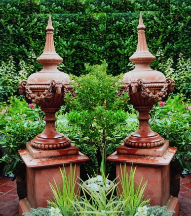 Pair Terracotta Garden Urn Stands Rams Head Finial Classical