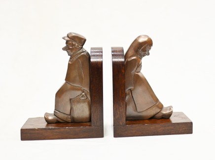 Pair Treenware Bookends Carved Wood and Bronze