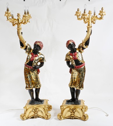 Pair Venetian Blackamoor Candelabras Carved Statues 1930
