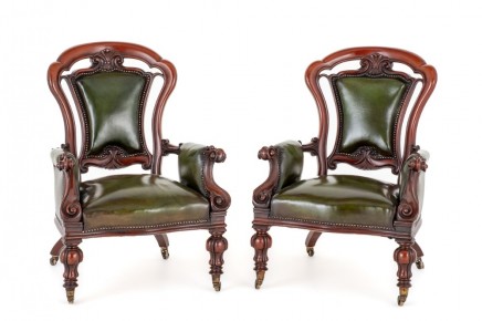 Pair Victorian Arm Chairs Leather Mahogany Open 1850