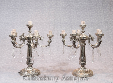 Pair Victorian Silver Plate Candelabras Table Lamps Lights Sheffield
