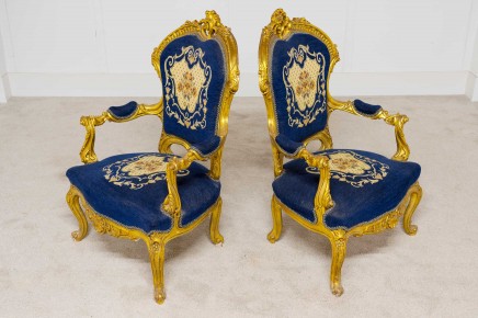 Pair Vintage Gilt Arm Chairs French Salon Fauteuil