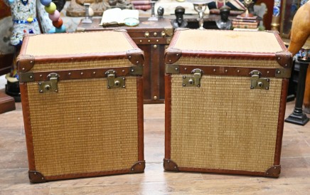 Pair Vintage Luggage Trunks Reed Steamer Case Table