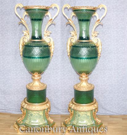 Pair XL Cut Glass Empire Vases Amphora Urns French Interiors