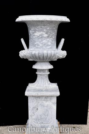 Pair XL Italian Marble Campana Urns Garden Vase
