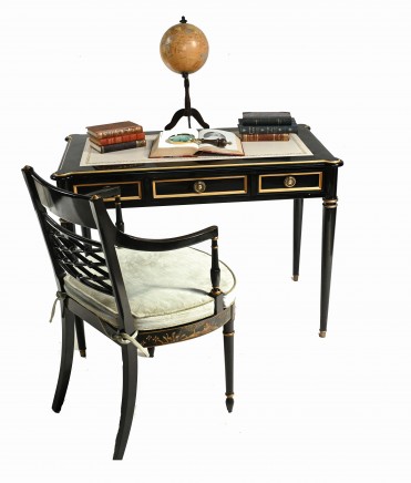 Regency Black Lacquer Desk and Chinese Chair Set Chinoiserie