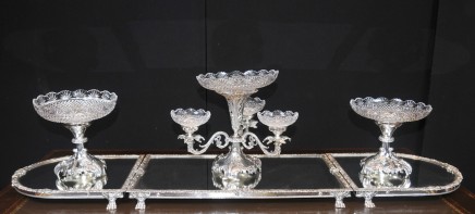 Rococo Centrepiece Surtout de Table - Sheffield Silver Plate Epergne Crystal Glass Bowl