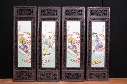 Set 4 Chinese Porcelain Plaques - Famille Rose Hardwood Antique Screens