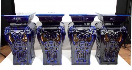 Set 4 Chinese Porcelain Stools - Garden Seats Blue Glaze