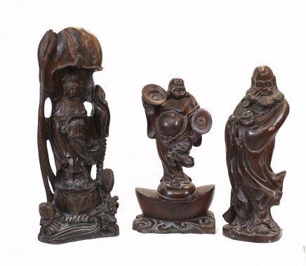 Set Carved Chinese Buddha Statues Antique Hardwood Figurine 1930