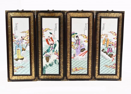Set Chinese Porcelain Plaques Wall Hangings Gilt Frame