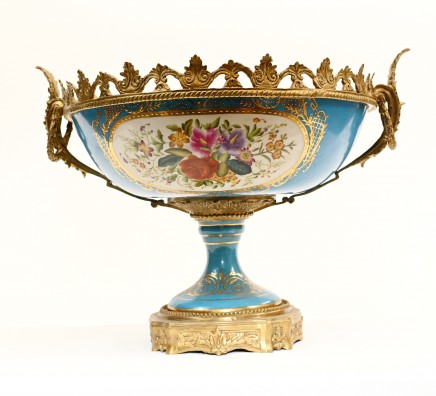 Sevres Porcelain Comport Dish - Ormolu Swan Floral Vases