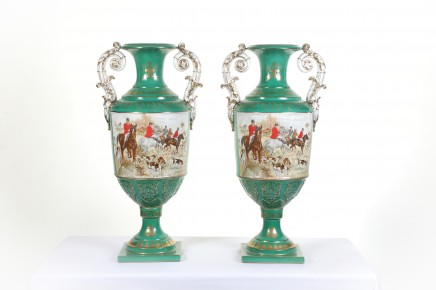 Sevres Porcelain Vases Urns Fox Hunting Scenes