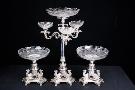 Silver Plate Centrepiece Surtout de Table - Sheffield Camel Epergne Glass Bowl Dish