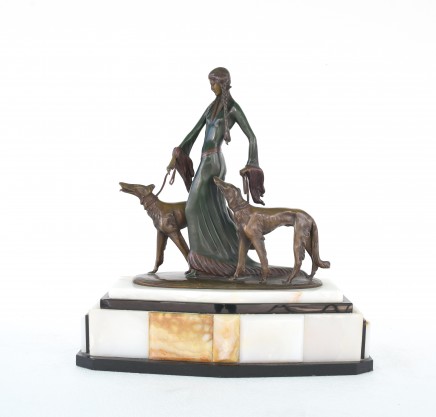 Art Deco Bronze Aristocrats Borzoi Dogs Figurine Signed Poertzel