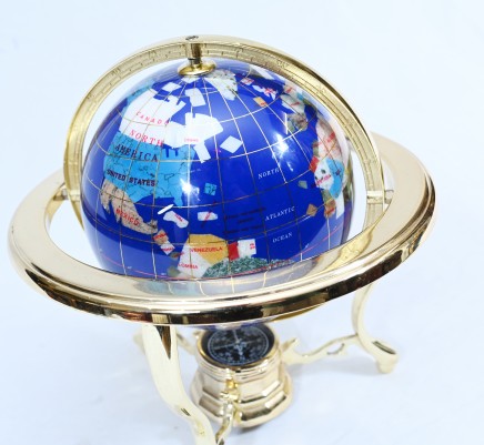 Table Top World Globe Lapis Gemstone Brass Map