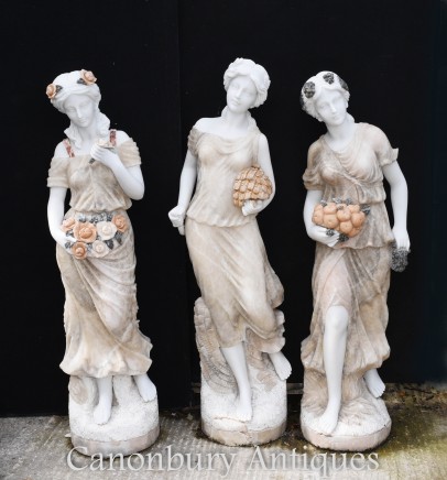 Trio Classical Maiden Statues in Marble - Garden Art