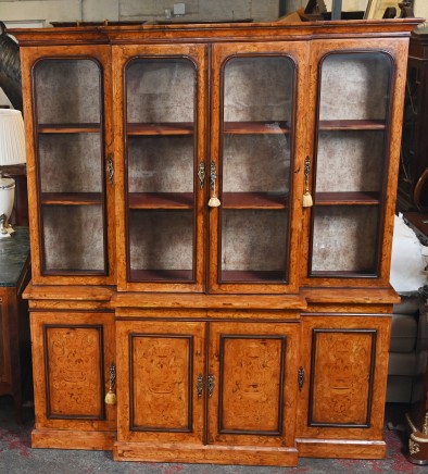 Victorian Breakfront Bookcase Wanut Marquetry Inlay