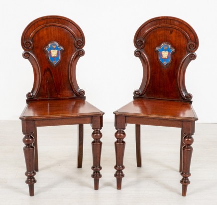 Victorian Castle Hall Chairs Mahogany Herald Plaque 1870