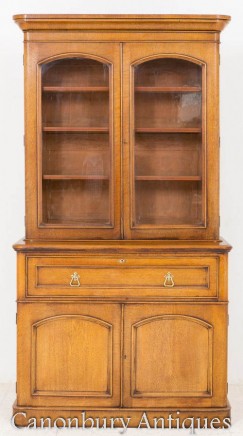 Victorian Oak Bookcase - 2 Door Antique Cabinet 1860