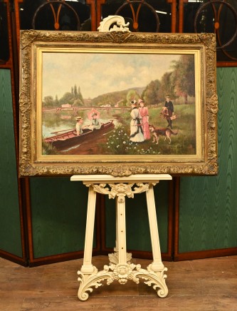 Victorian Oil Painting Punting on the Cam - Cambridge River Scene Portrait