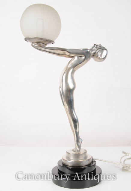 Bronze Art Deco Biba Figurine Statue Clarte Table Lamp