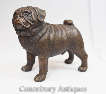 English Bronze Pug Dog Statue Puppy
