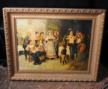 French Antique Oil Painting Group Peasant Scene Art