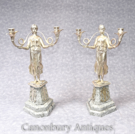 Pair French Silver Plate Empire Candelabras
