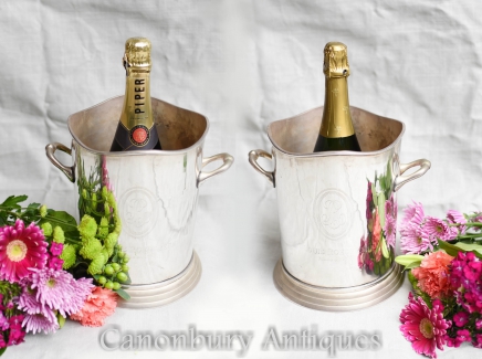 Pair French Silver Plate Roederrer Champagne Wine Cooler Buckets