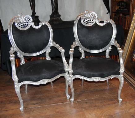 Pair Silver Rococo French Arm Chairs Fauteils Armchairs