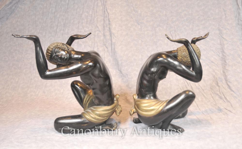 Pair Antique Bronze Blackamoor Statues Coffee Table Supports