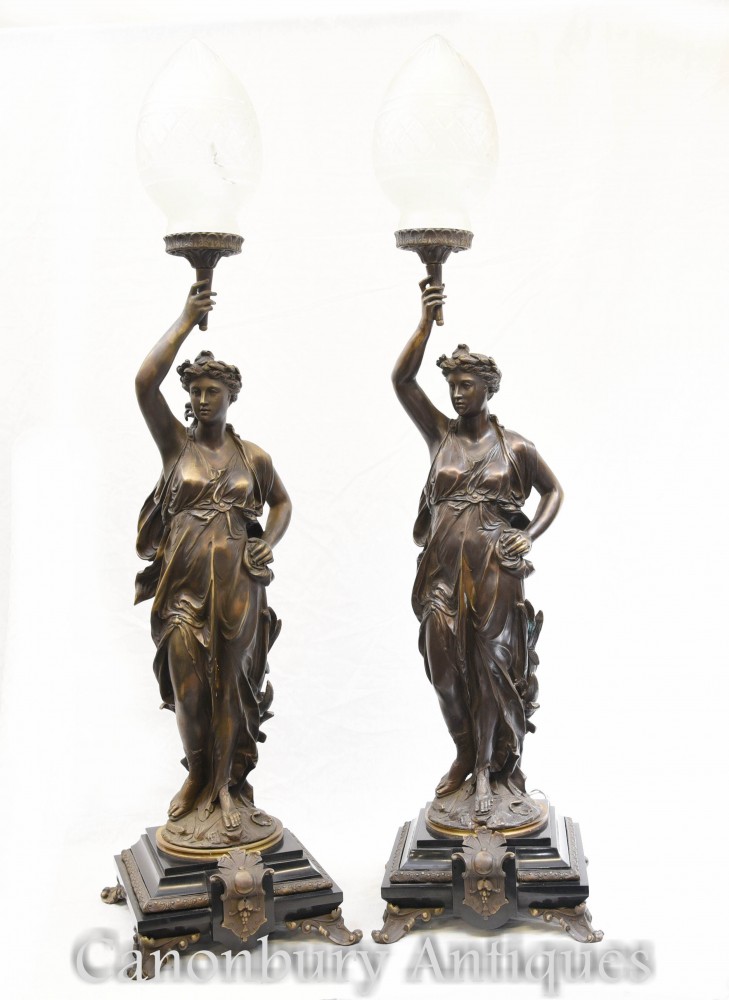 Pair Bronze Gregoire Figurine Lamps, Bronze Figurine Table Lamp