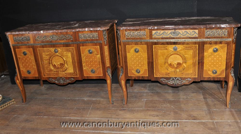 Pair French Commodes - Antique Louis Philippe Chests Drawers Empire Inlay Furniture
