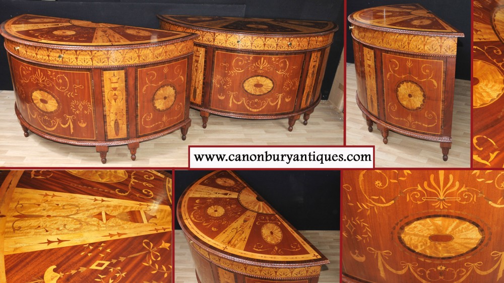 Pair Regency Inlaid Commodes Demi Lune Cabinets Marquetry Inlay
