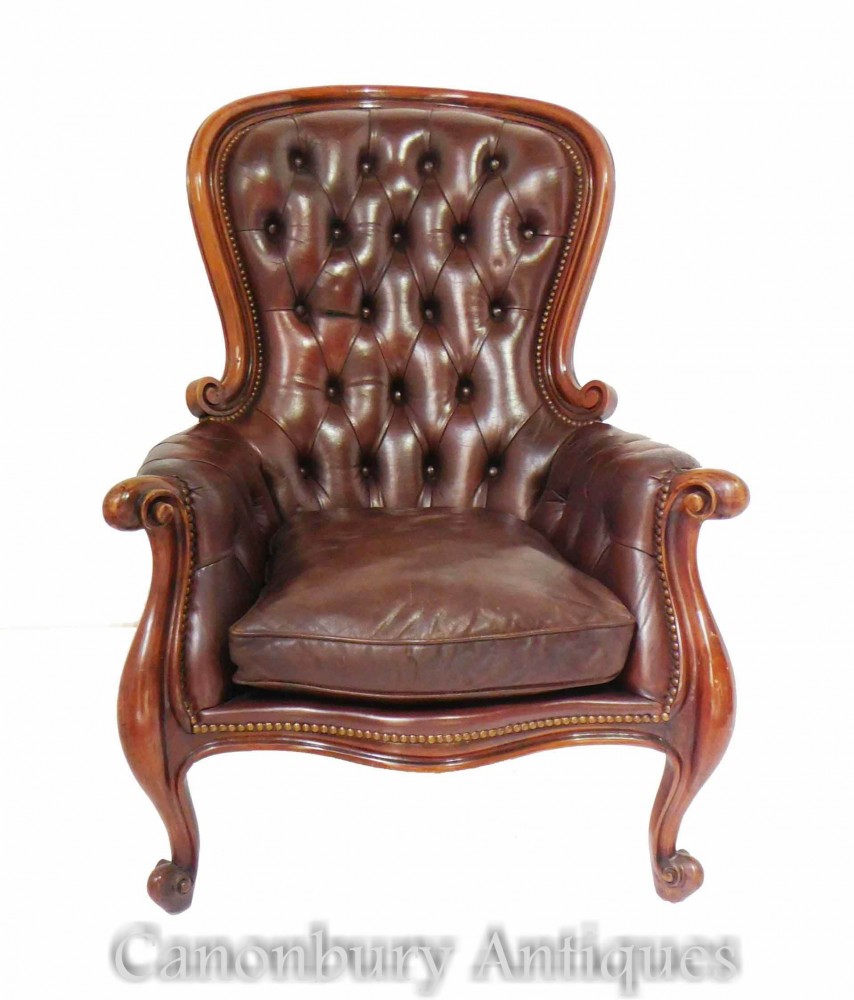 victorian balloon back arm chair  leather seat deep button 1880