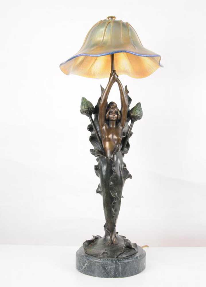 French Art Nouveau Bronze Table Lamp, Bronze Figurine Table Lamp