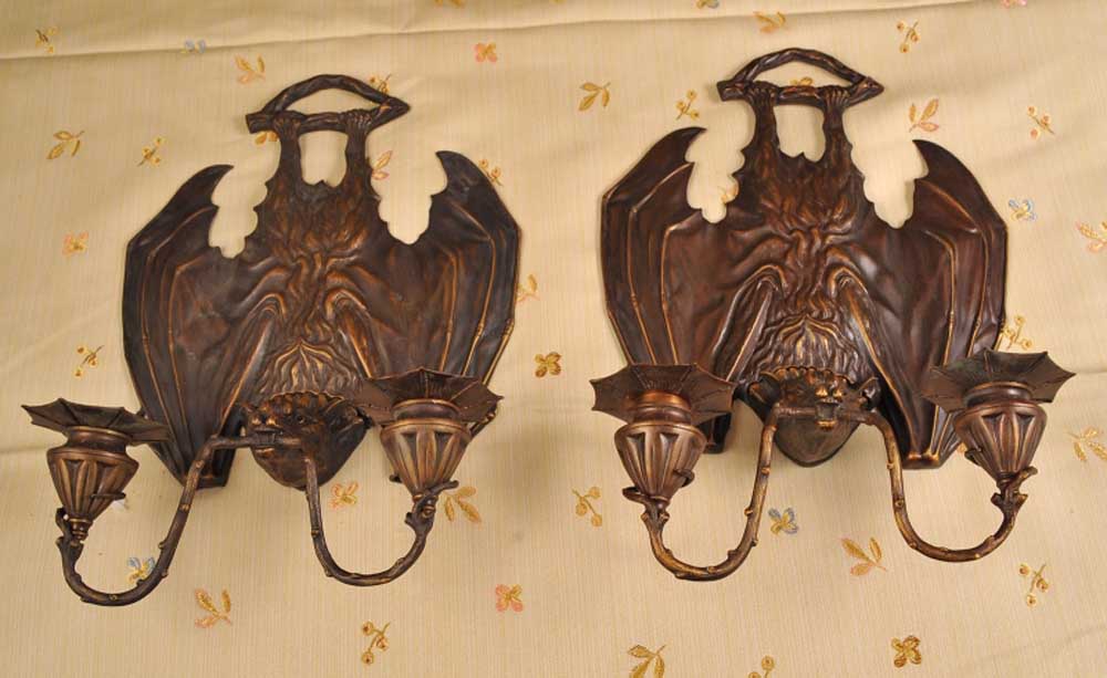 Pair Bat Gothic Lights Appliques Sconces Ormolu