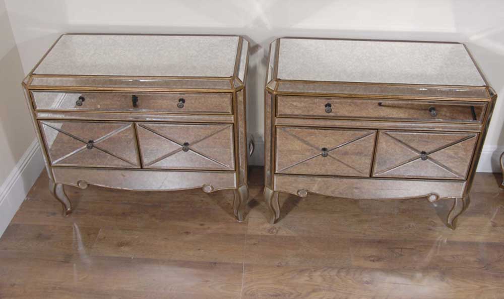 Pair Funky Art Deco Mirrored Bedside Chest Drawers Tables