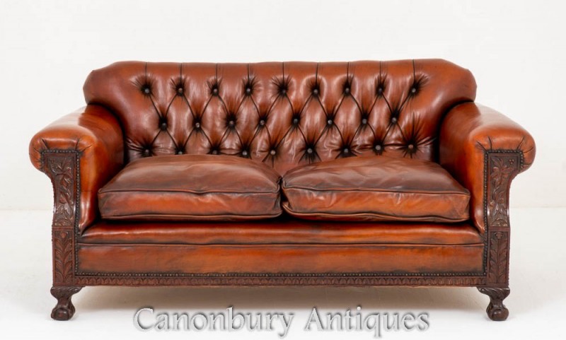 Antique Leather Settee Couch - Ball and Claw Feet Circa 1890