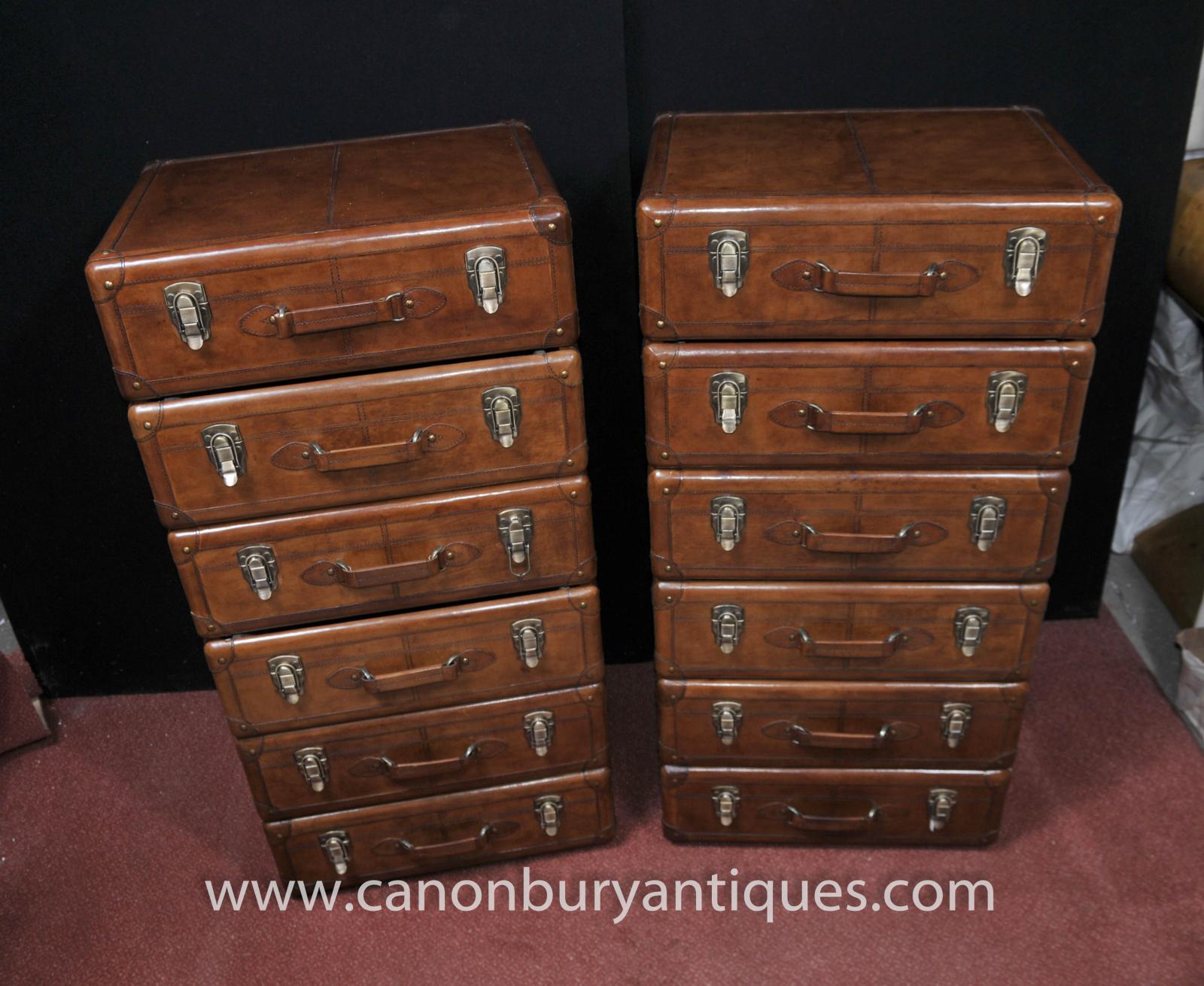 Pair Leather English Campaign Chest Drawers Colonial Tall Boys